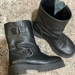 M. GEMI the Alessia Black Leather Biker Ankle Boots with Buckle Detail
